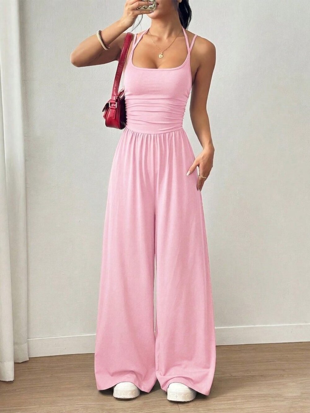 Pink Casual Women's Pleated Loose Straight Leg Wide-Leg One-Piece Jumpsuit